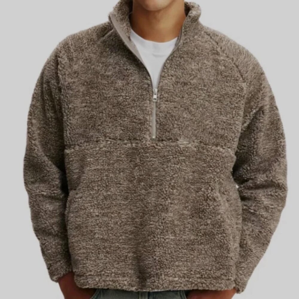 Cotton On Men's Teddy 1/2 Zip Fleece Sweatshirt Putty Size XXL